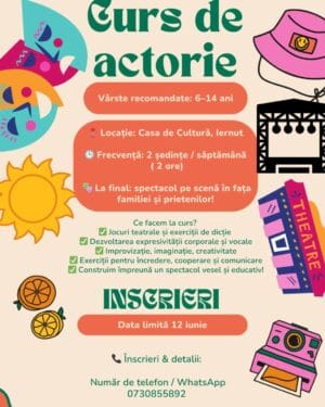 🎭 Curs de actorie pentru copii, la Casa de Cultură din Iernut – Înscrieri până pe 12 iunie! 🎭 Curs de actorie pentru copii, la Casa de Cultură din Iernut – Înscrieri până pe 12 iunie!