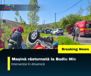 Mașină răsturnată la Budiu Mic – intervenție în dinamică Mașină răsturnată la Budiu Mic – intervenție în dinamică