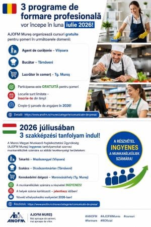 CURSURI GRATUITE PENTRU ȘOMERI ÎN MUREȘ! AJOFM organizează trei programe de formare profesională în luna iulie CURSURI GRATUITE PENTRU ȘOMERI ÎN MUREȘ! AJOFM organizează trei programe de formare profesională în luna iulie