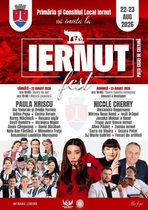 Iernut Fest 2026 aduce două seri de spectacol în oraș Iernut Fest 2026 are loc pe 22-23 august, cu Paula Hriscu, Nicole Cherry, artiști locali, tradiții și focuri de artificii.