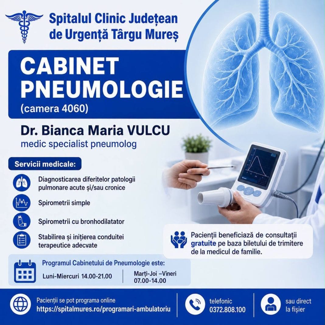 Consultații de pneumologie gratuite la SCJU Târgu Mureș, cu bilet de trimitere. Sunt disponibile și spirometrii.