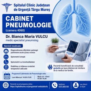 Consultații de pneumologie gratuite la SCJU Târgu Mureș Consultații de pneumologie gratuite la SCJU Târgu Mureș, cu bilet de trimitere. Sunt disponibile și spirometrii.