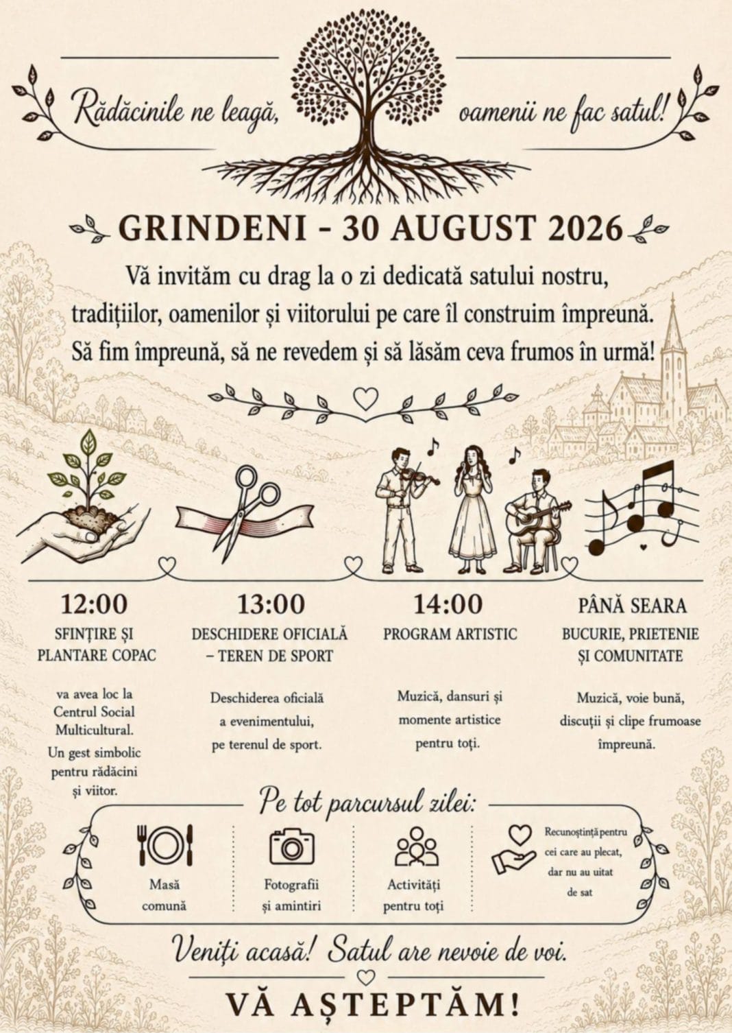 Serbare câmpenească la Grindeni, comuna Chețani, pe 30 august. Programul începe la ora 12:00 și continuă cu muzică și voie bună.