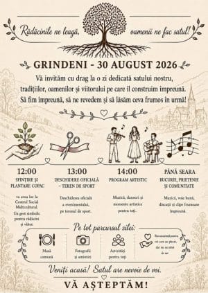 Serbare câmpenească la Grindeni, pe 30 august Serbare câmpenească la Grindeni, comuna Chețani, pe 30 august. Programul începe la ora 12:00 și continuă cu muzică și voie bună.