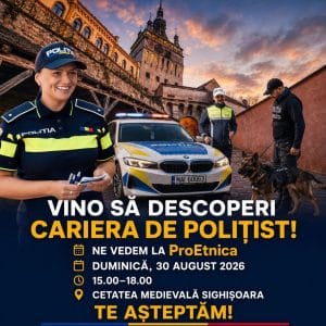 Polițiștii îi așteaptă pe tineri la ProEtnica O carieră în Poliție va fi prezentată tinerilor la ProEtnica Sighișoara. IPJ Mureș îi așteaptă duminică, între orele 15:00 și 18:00.