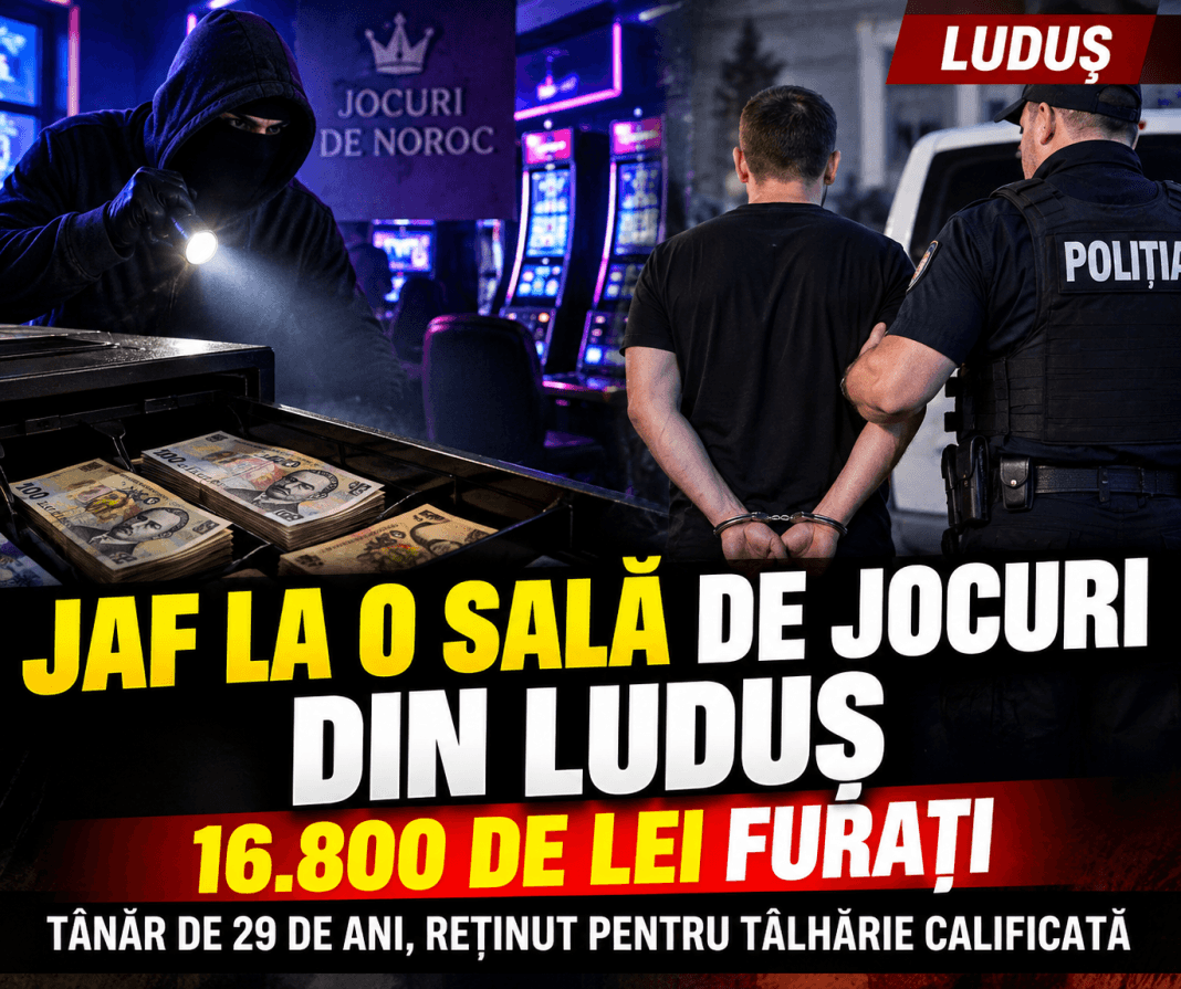 Tâlhărie calificată în Luduș: un tânăr de 29 de ani ar fi furat 16.800 de lei dintr-o sală de jocuri. Polițiștii au recuperat integral suma.